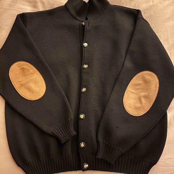 Men's Black Cardigan with Tan Elbow Patches